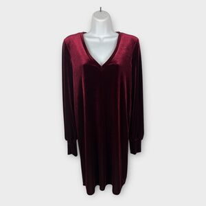 1 State Womens Deep Red Velvet Long Sleeve V-Neck Pullover Shift Dress Size 8
